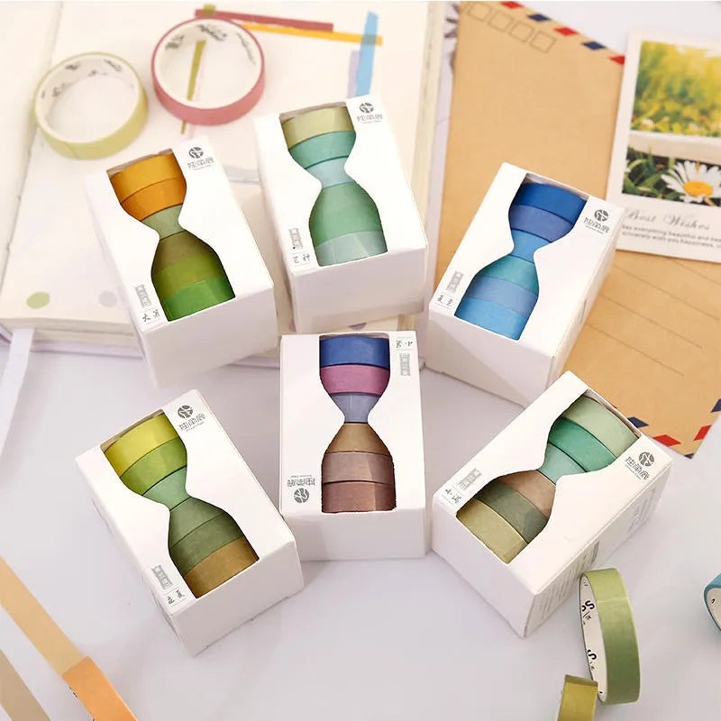 Six rolls of solid colour washi tape in a pack showing solar term designs like Start of Spring and Autumn Equinox