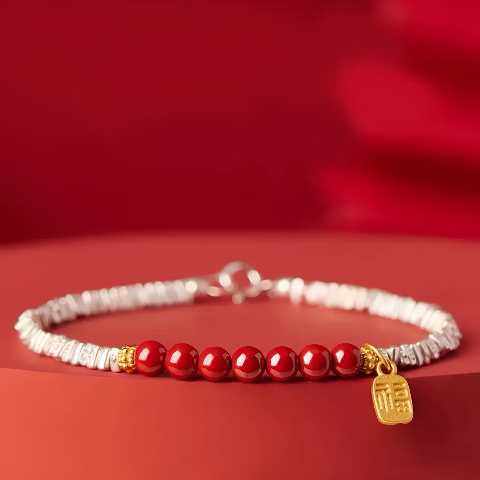 White K silver lucky beads couple bracelet with geometric round design measuring 16cm length