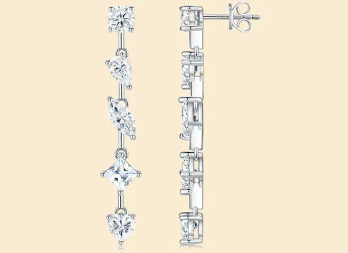 Pear-shaped moissanite long drop earrings in 925 sterling silver, cold wind style