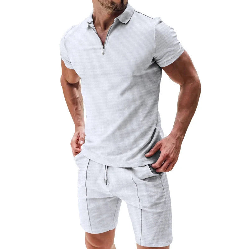 Men's summer waffle suit set with zipper lapel top and drawstring shorts in various colours