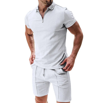 Men's summer waffle suit set with zipper lapel top and drawstring shorts in various colours