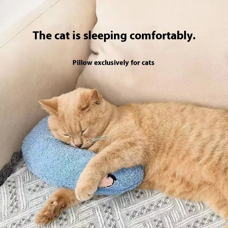 Blue U-shaped cat pillow bed in a Question Mark style on a white background