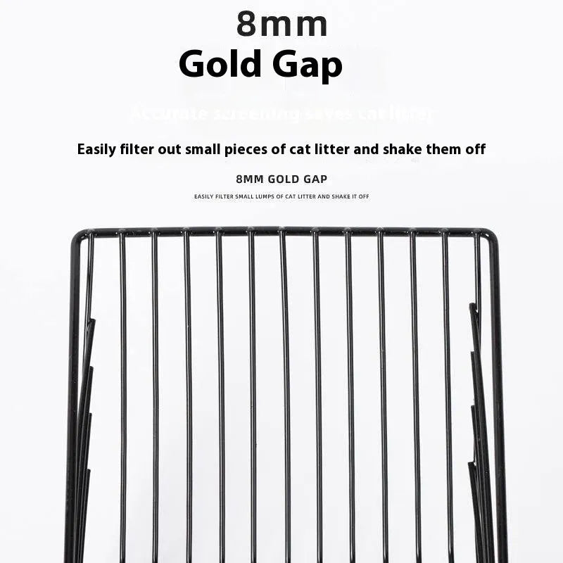 Black metal cat litter scoop with narrow tines for sifting litter