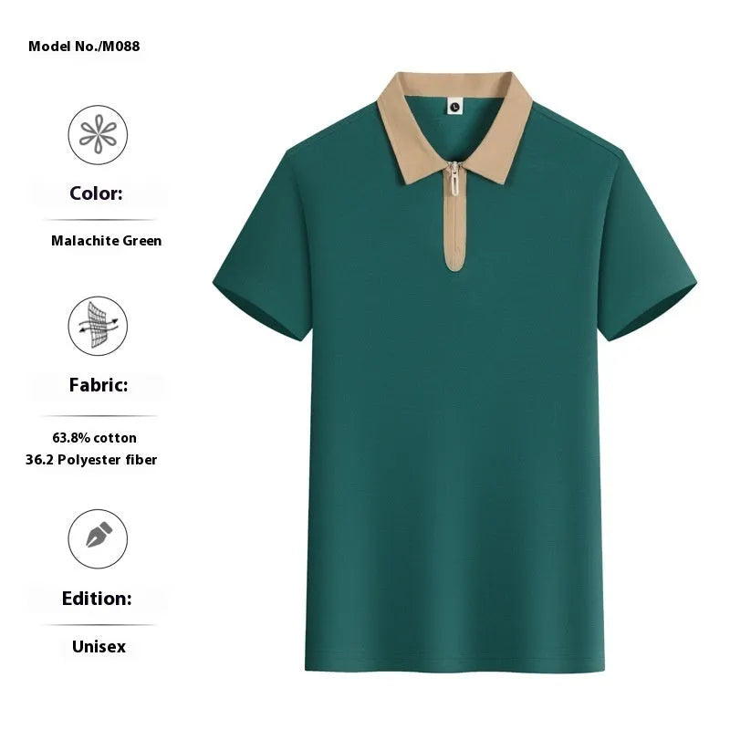 Loose fit navy blue zip and lapel polo shirt on a hanger