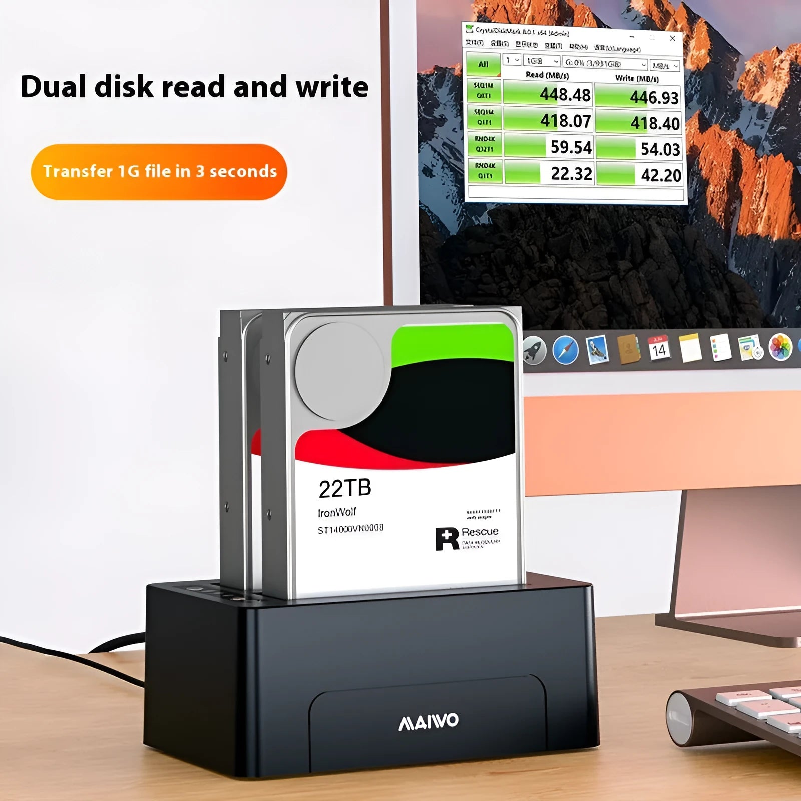 Hard disk dock dual-disk SATA copier with two drive bays in black ABS plastic housing