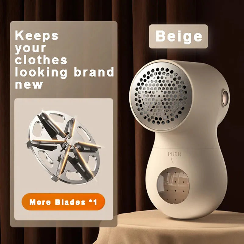 White electric lint remover with LED display and USB port on a fabric background.