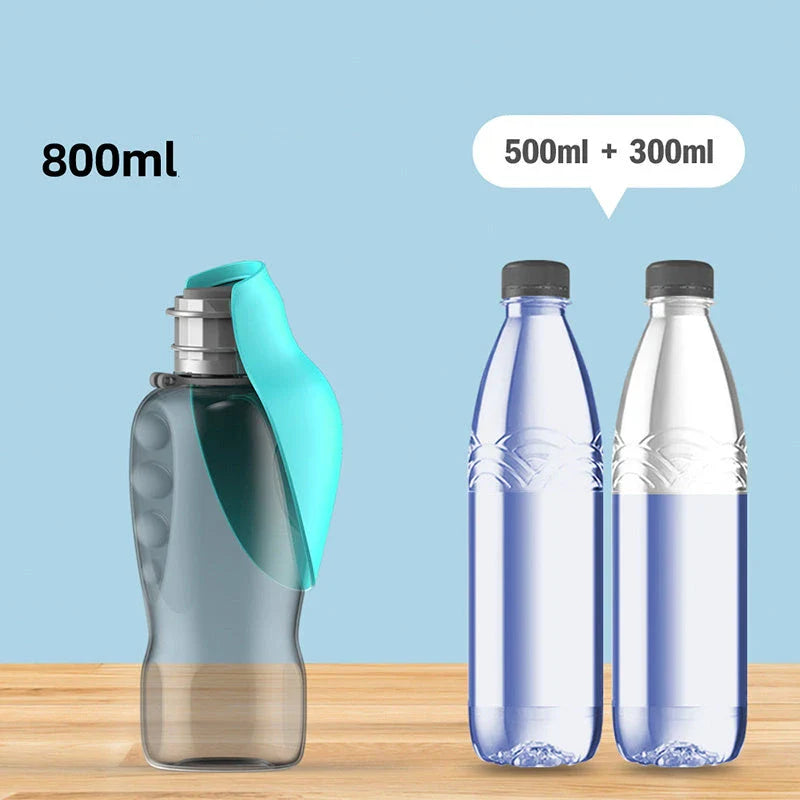 800ml portable dog water bottle with foldable bowl in various colors, leakproof design for outdoor use