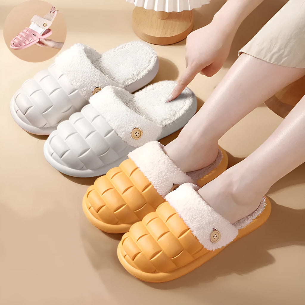 Plaid detachable EVA slippers with non-slip soles and plush lining in pink, green, yellow, white, grey, and black.