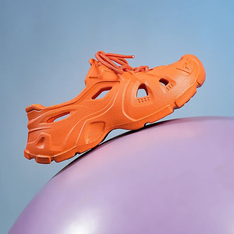 Pair of bright fluorescent green EVA sandals with a thick sole, shown on a neutral background.