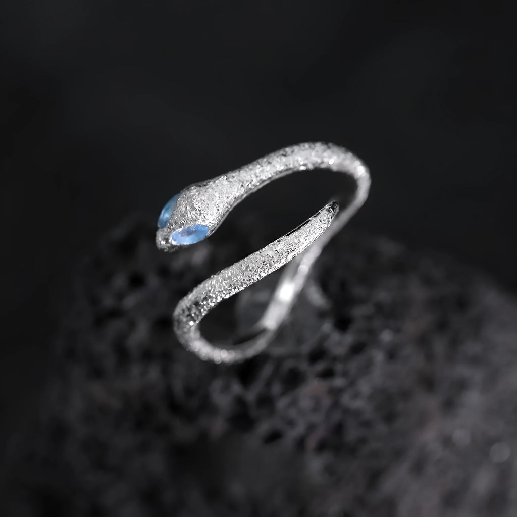 Adjustable opening silver snake ring with platinum colour electroplated finish
