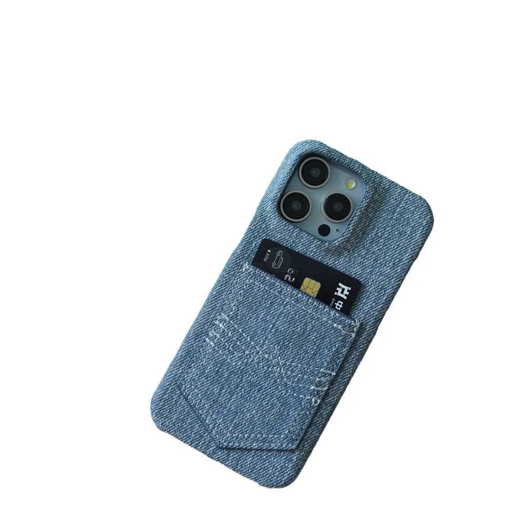 Denim card insert oil edge TPU phone case with magnetic suction for Apple iPhone models, back view showing card slot and rhinestone decoration.