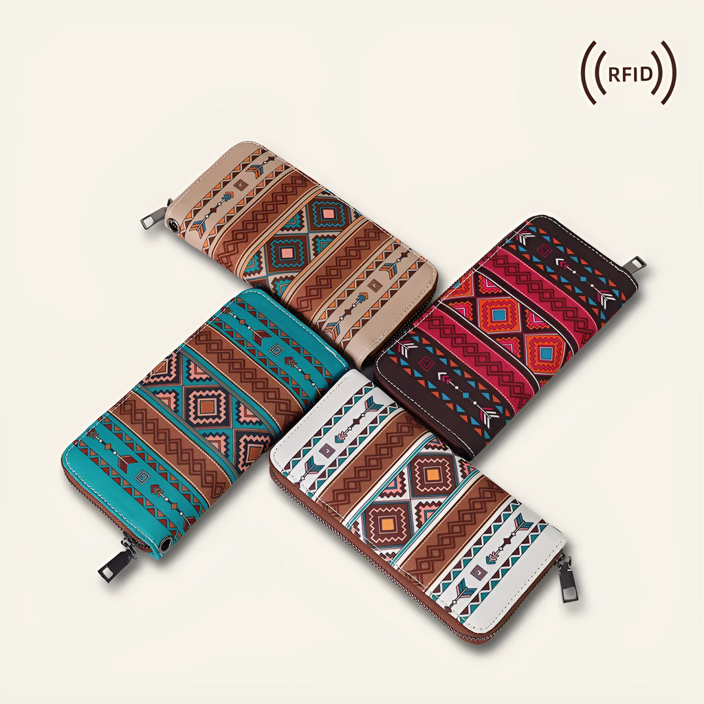 Bohemian striped canvas RFID wallet showing anti-theft function and 20x10x2cm dimensions