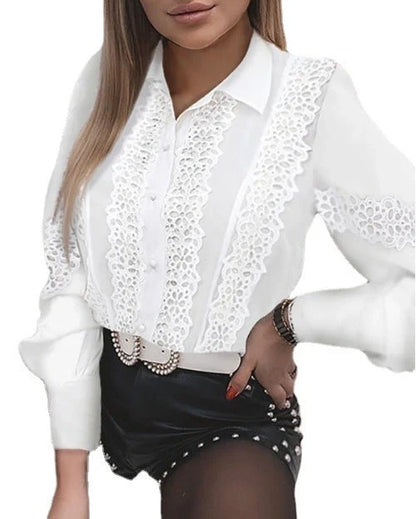 Women's lace long sleeve V-neck button shirt with floral panel and lace flare sleeves