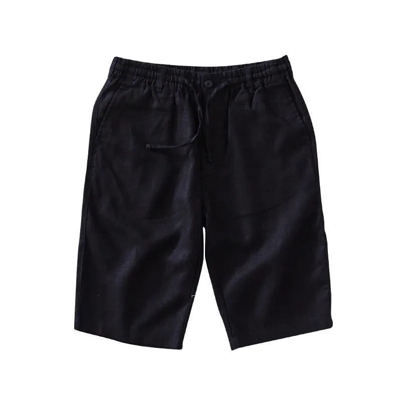 Men's loose-fit linen beach capri trousers in a straight-leg style, shown in a light colour.