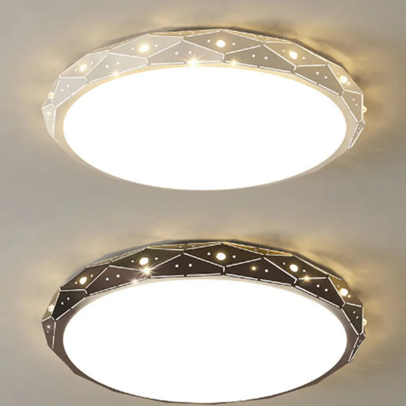 Round black iron frame LED ceiling light with dimming control on a white ceiling