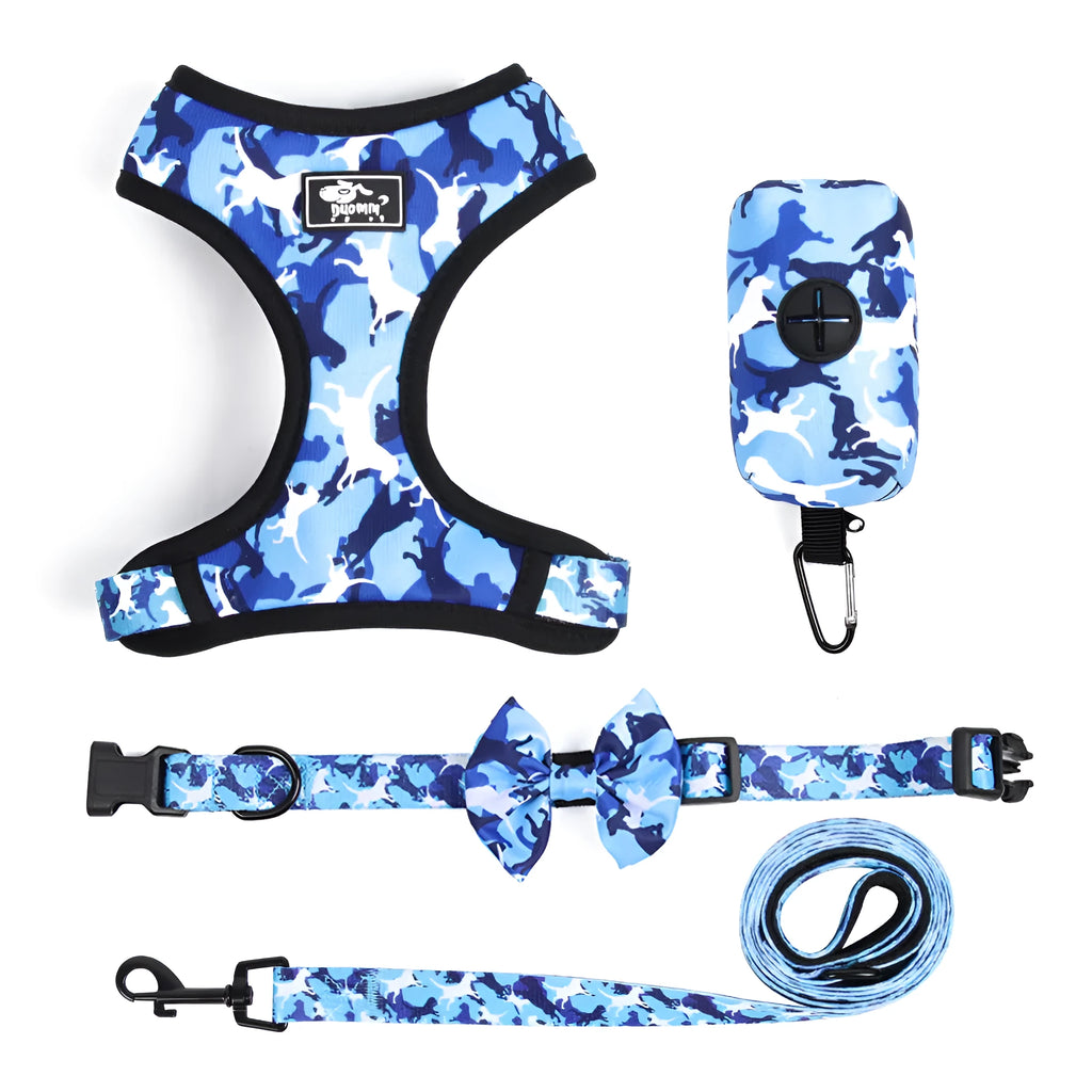 Printed polyester chest harness set for dogs in blue camouflage with strap, four size options