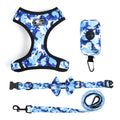 Printed polyester chest harness set for dogs in blue camouflage with strap, four size options