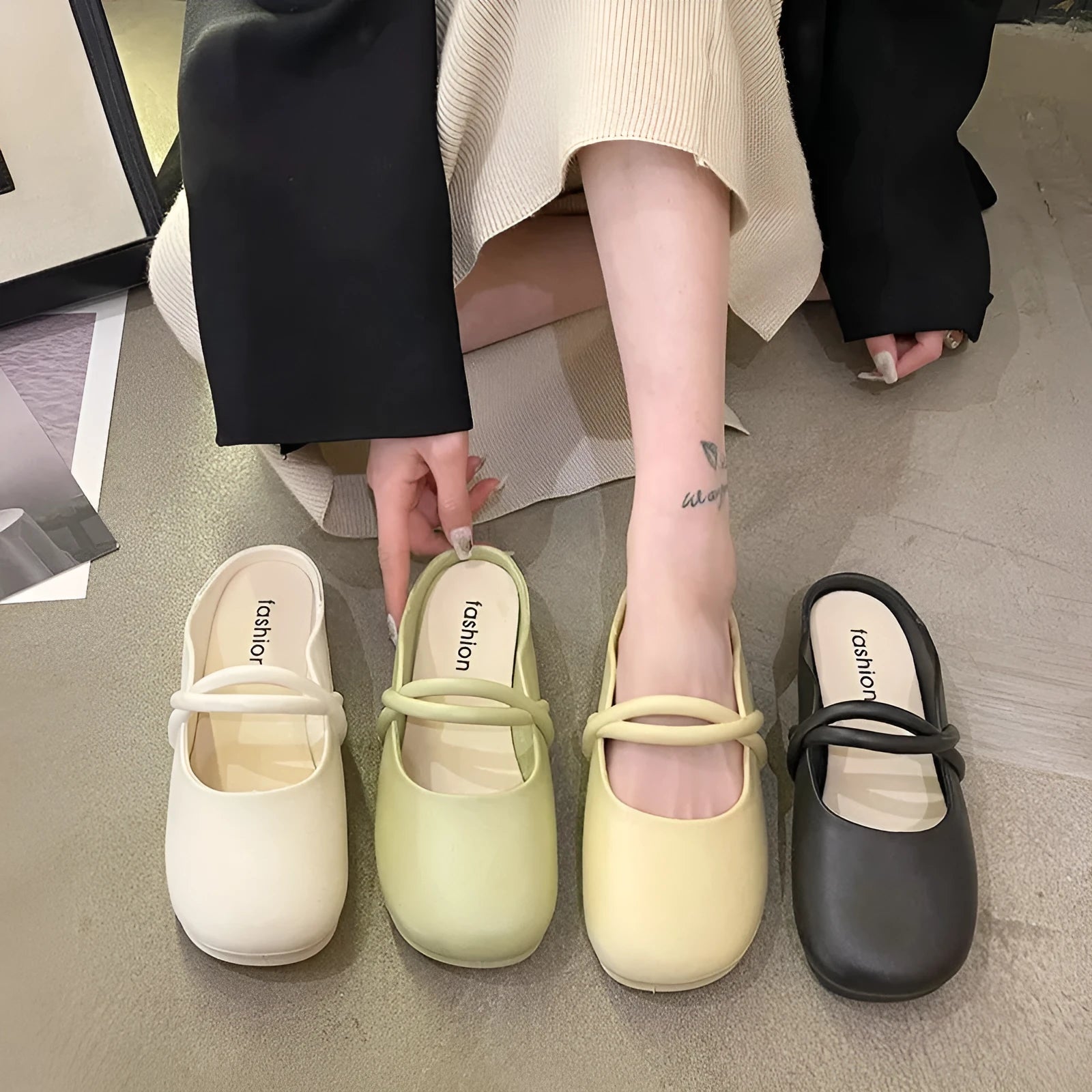 Women's plastic toe cap flip flop sandals in green, black, and beige colours on a summer background
