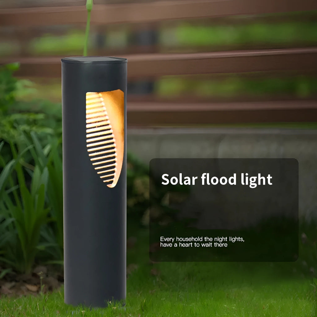 Black solar garden light with geometric design and IP44 waterproof rating for outdoor decoration
