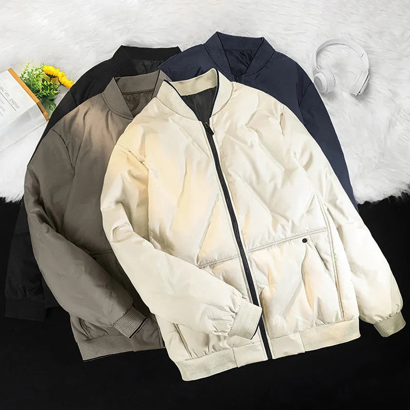 Loose thick cotton-padded coat with stand-up collar in neutral colours for winter warmth