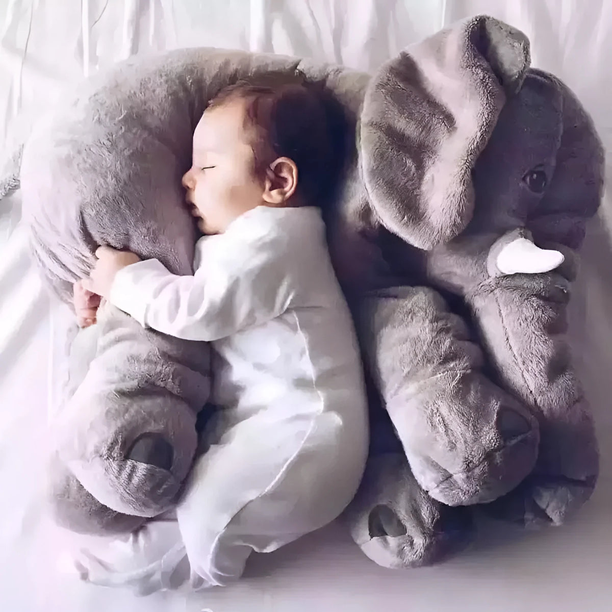 Short plush elephant pillow toy in grey, soft sleeping companion for baby, 30cm size
