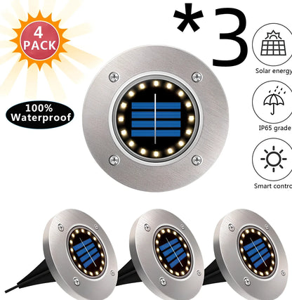 8LED waterproof solar garden light staked in lawn with warm glow, IP65 rated for rain resistance