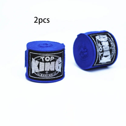 Two 5-metre boxing hand wraps in different colours showing elastic cotton construction