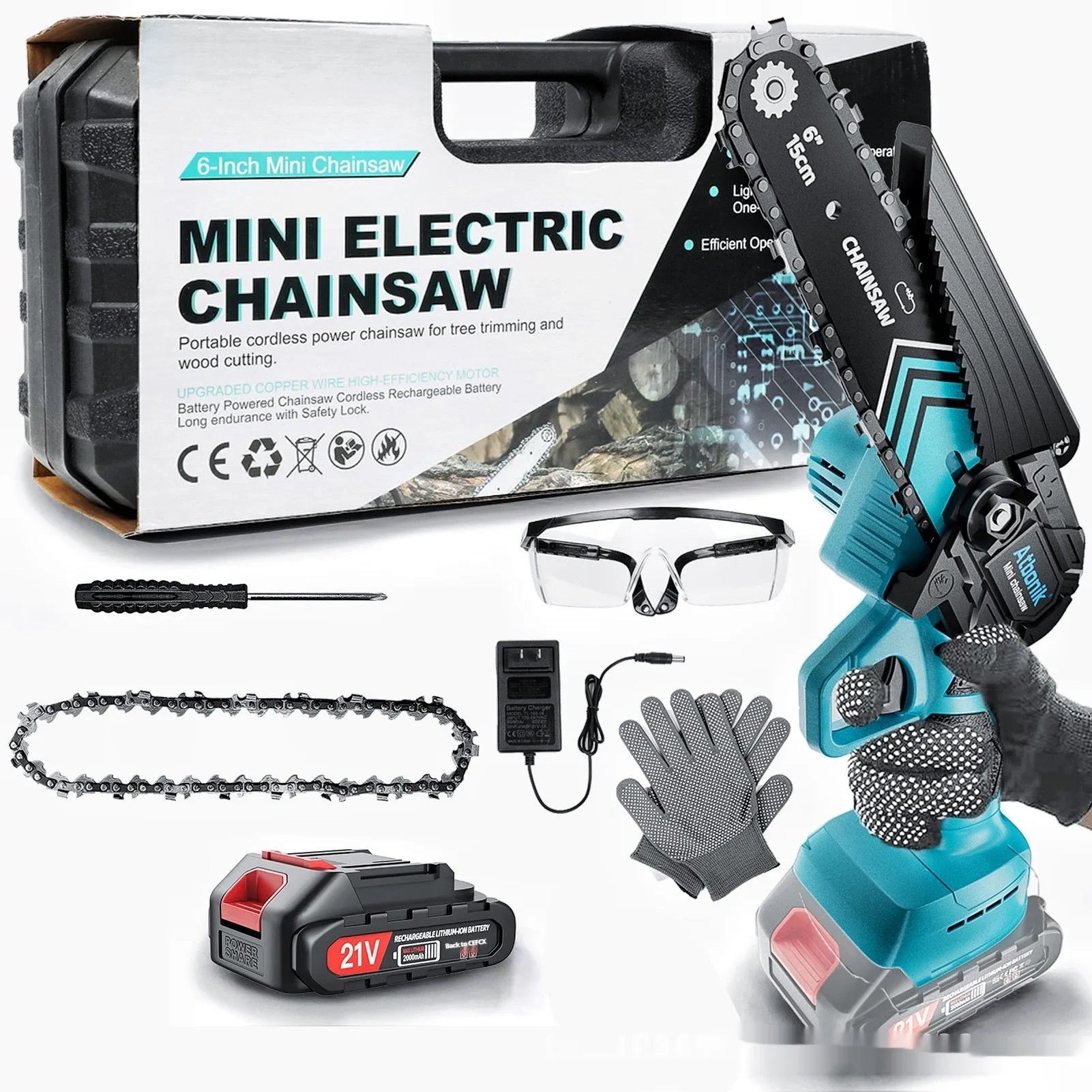 Small handheld electric chainsaw with 6-inch chain, batteries, safety goggles, gloves, and storage box
