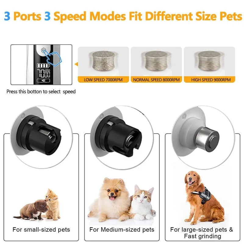 Black automatic electric nail trimmer for dogs with speed settings and LED display.