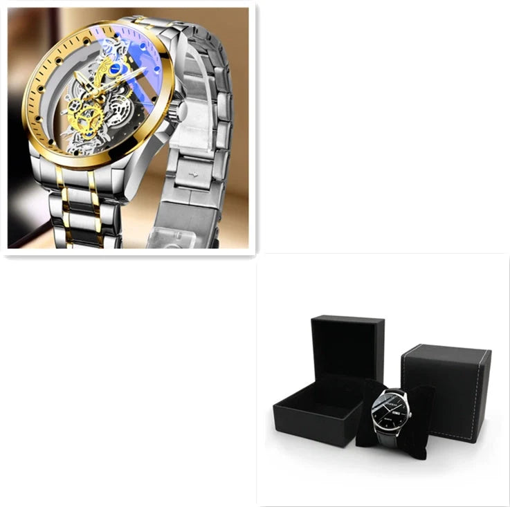 Men's skeleton automatic quartz watch with gold finish and mineral glass