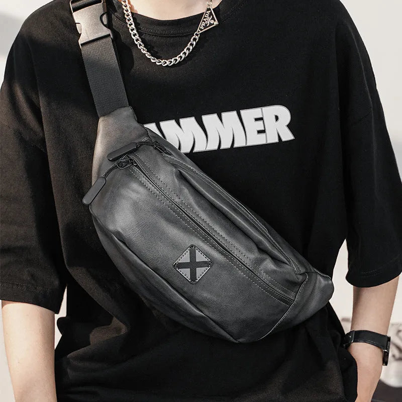 Korean men's waterproof PU shoulder bag in black crossbody style