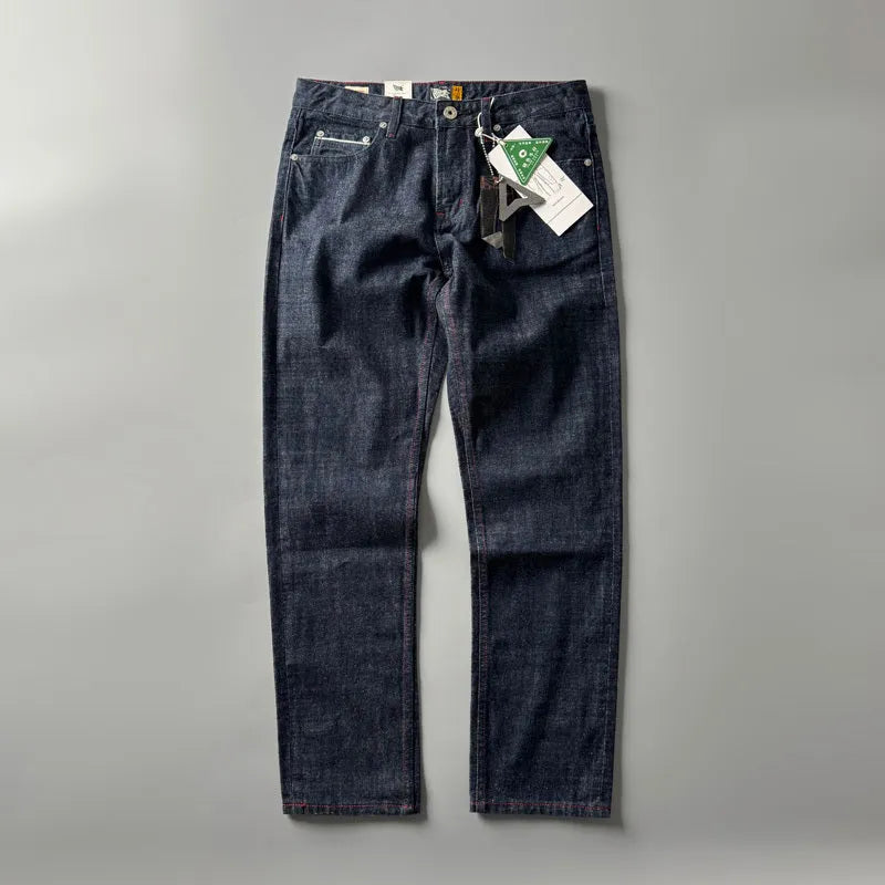 Men's straight leg denim trousers in primary colour with American retro style and mid waist fit.