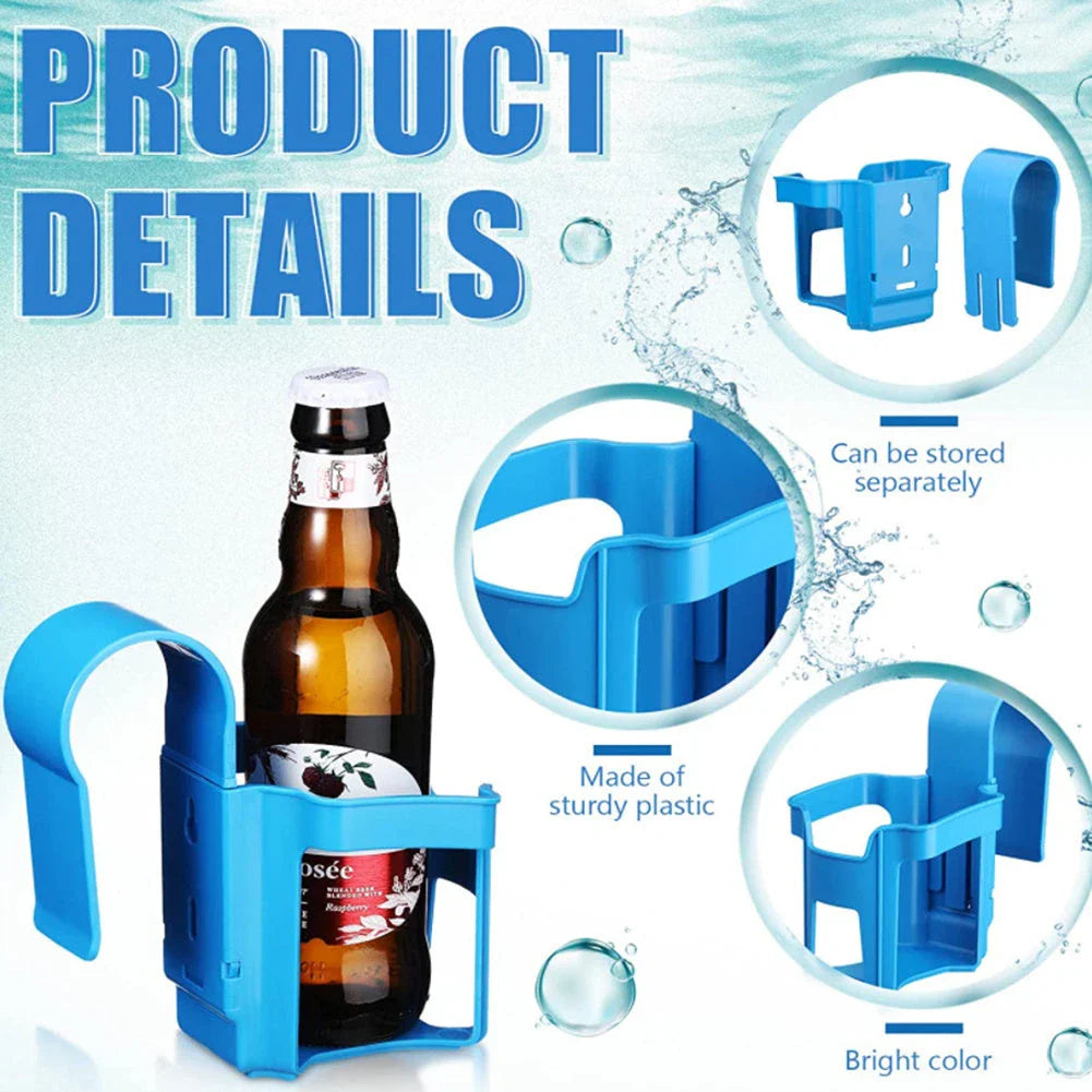 Poolside drink holder securely clipping onto the side of an above-ground swimming pool, holding a variety of cup sizes for refreshing beverages