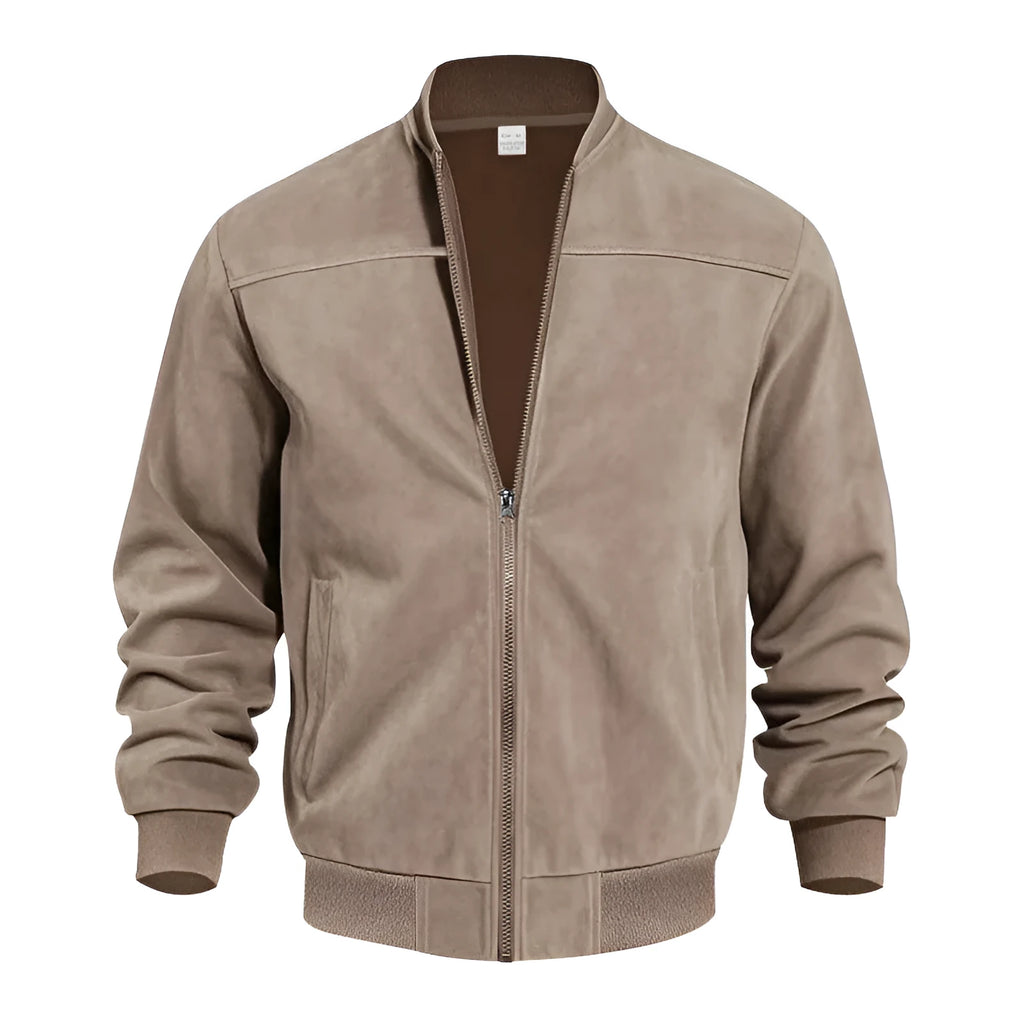 Men's plus size casual suede jacket in Army Green colour with a zipper front.