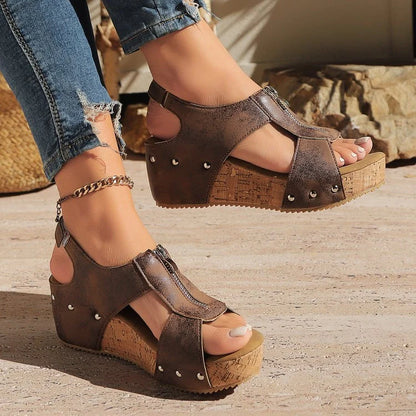 Women's lightweight zipper wedge sandals in black, brown, and milky white