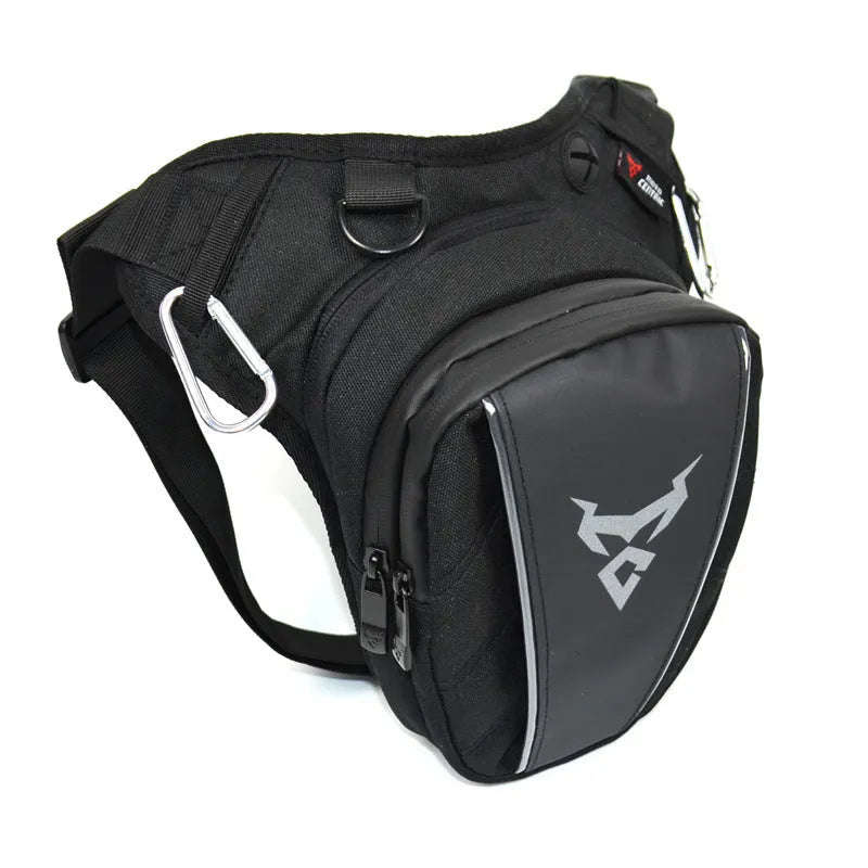 Red motorcycle crossbody leg bag made of 1200D Oxford cloth showing size and strap.