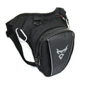 Red motorcycle crossbody leg bag made of 1200D Oxford cloth showing size and strap.