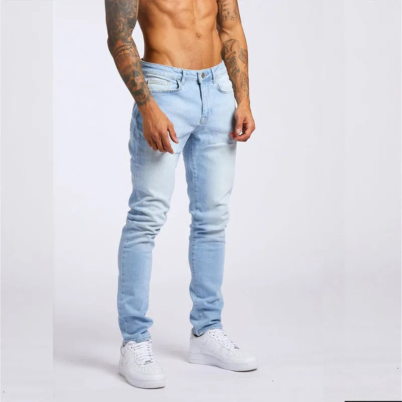 Men's casual slim fit high waist jeans in light blue cotton with five pockets