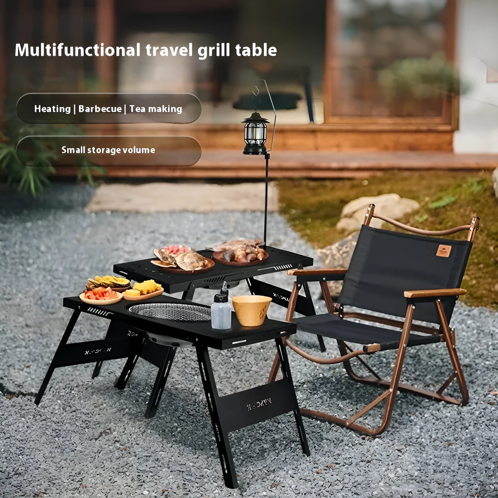 Black folding travel barbecue table with steel construction and choice of round or square cooking surface