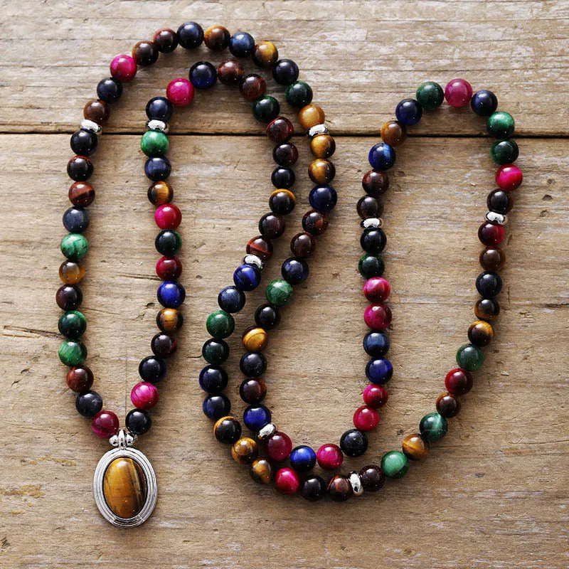 Colour tiger-eye bead necklace with crown, wing, infinite and heart pendants on adjustable chain