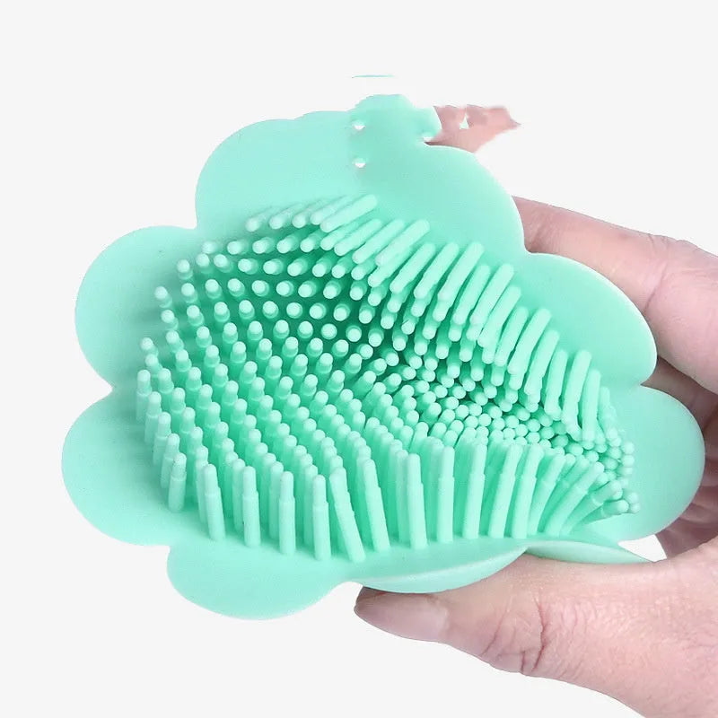 Baby silicone shampoo brush for dandruff removal in cherry blossom pink colour with soft bristles