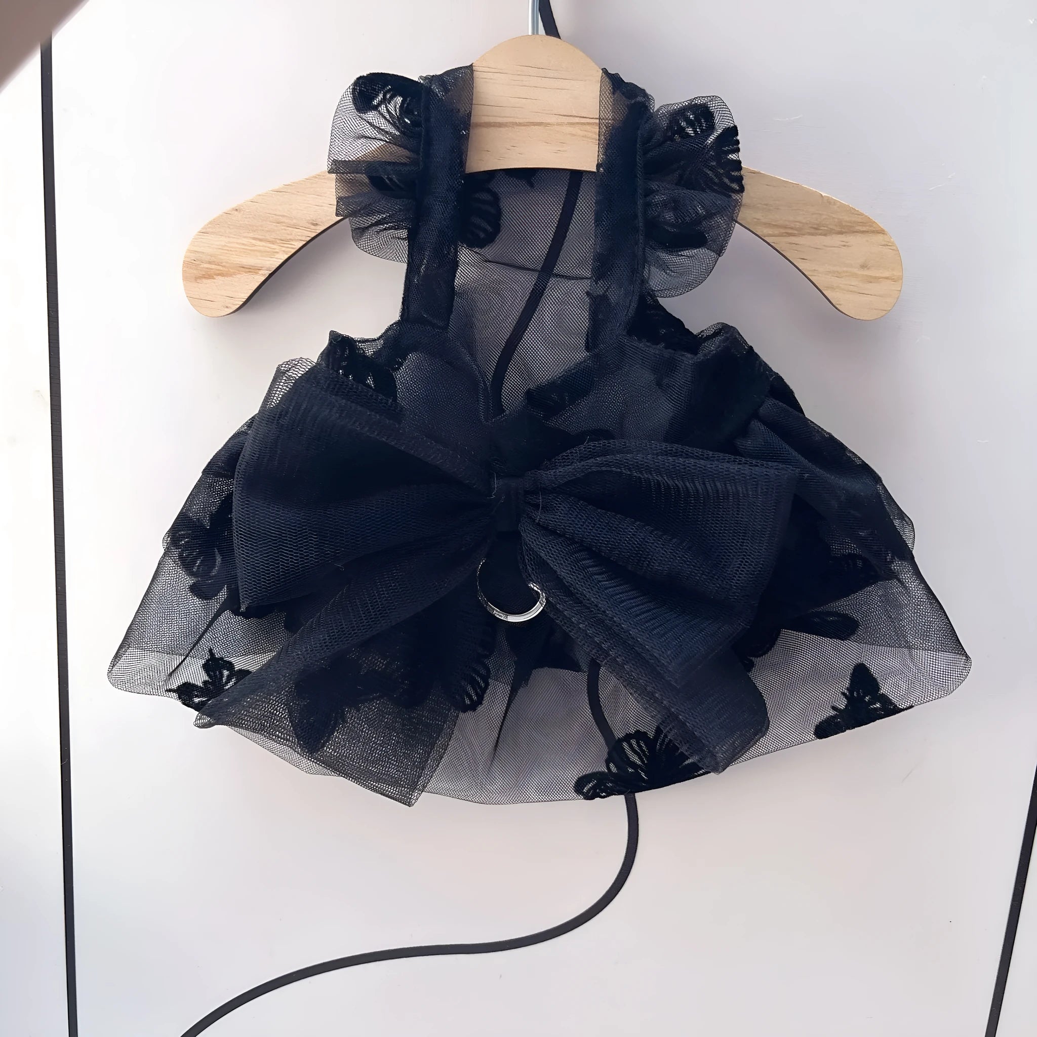 Black gauze princess tulle skirt costume on a small dog or cat.
