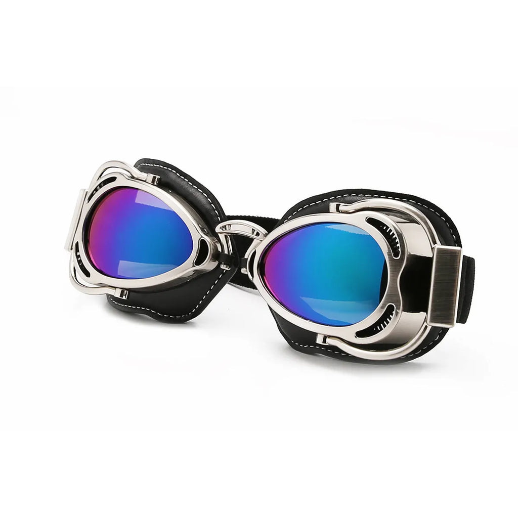 Motorcycle retro pilot hat wind-proof goggles with REVO blue lens and black PU frame