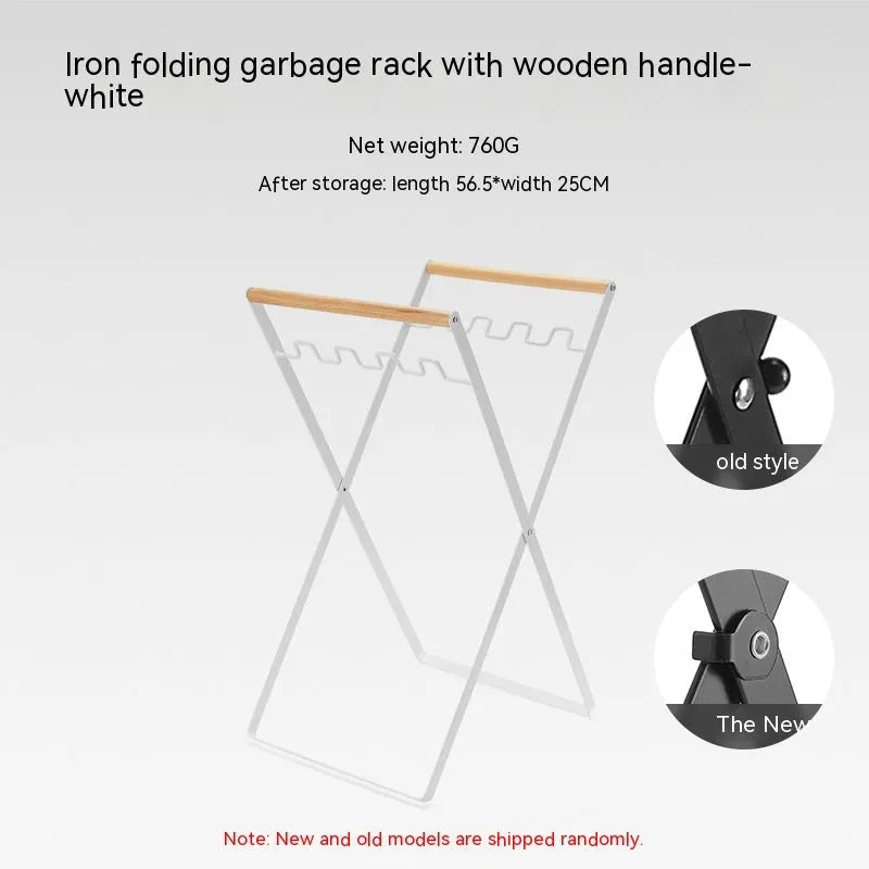 Foldable outdoor garbage storage hanger with iron frame and wooden handle in black colour.