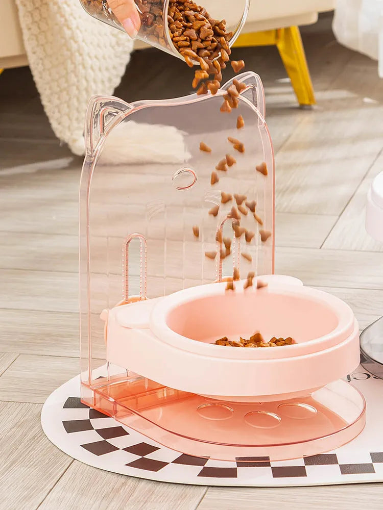 Grey cat feeding bowl with anti-spill cat ears design and adjustable height mechanism