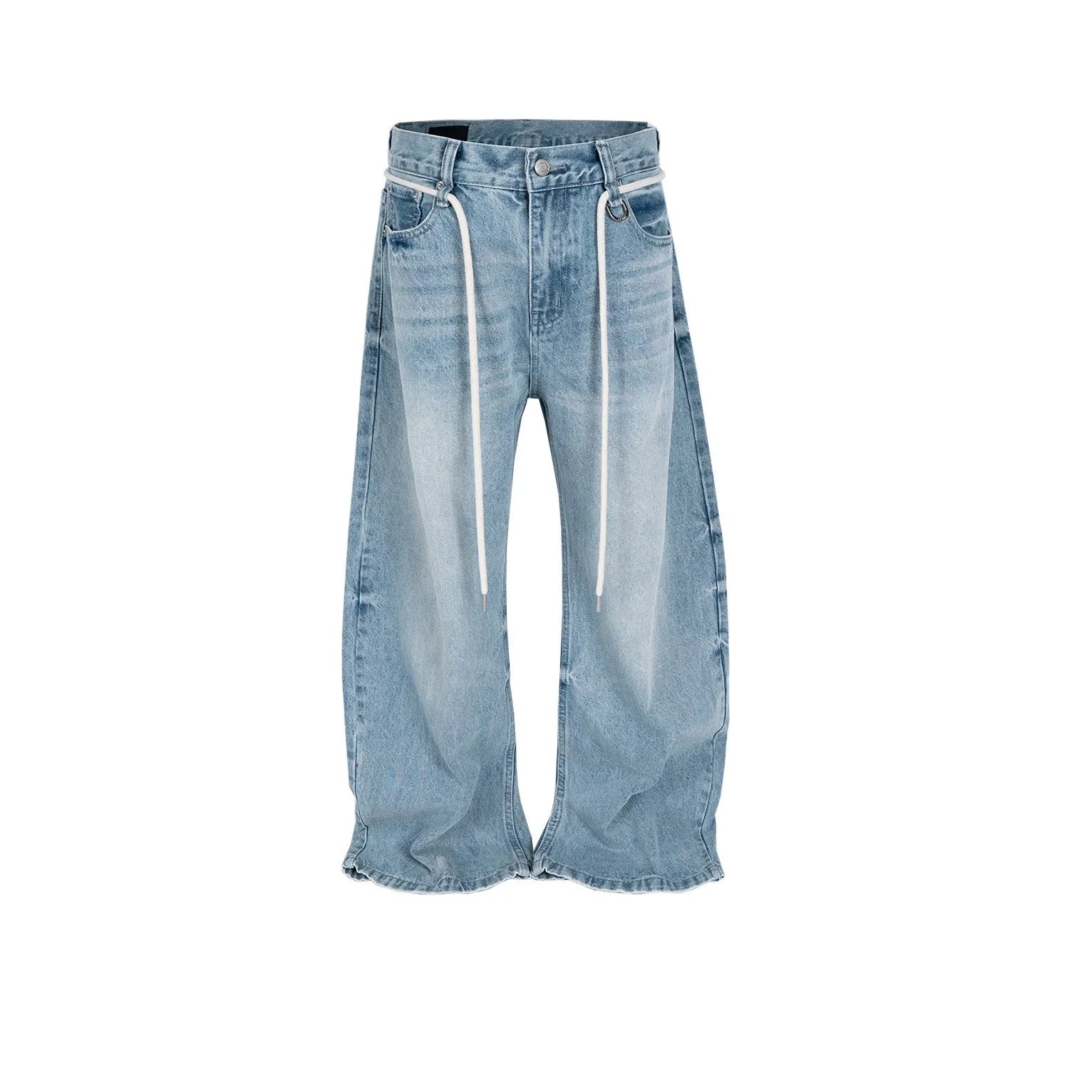 Blue vintage washed denim straight-leg trousers with drawstring belt and zipper fly closure