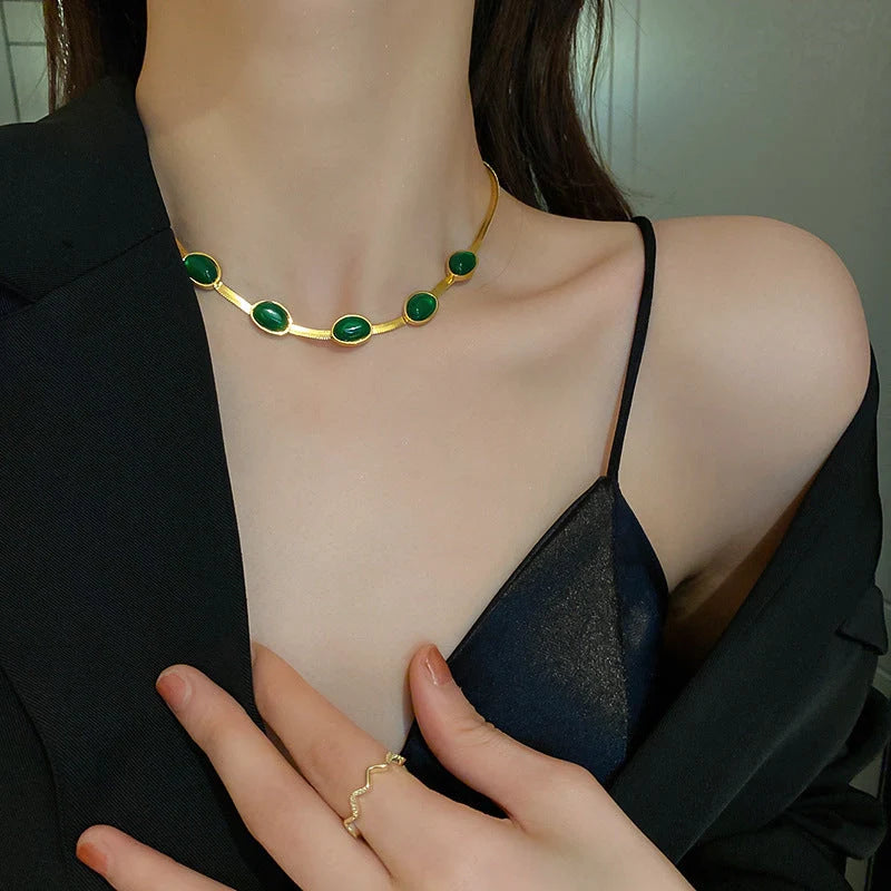 Boho green stone crystal snake chain multilayer necklace and bracelet set for women