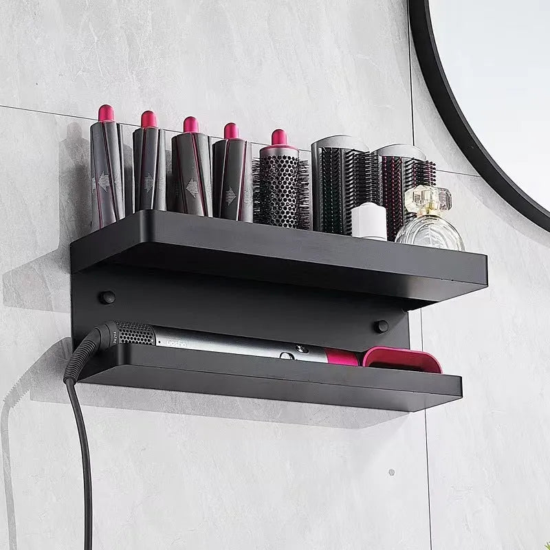 Aluminium punch-free bathroom storage rack for Marcel wavers with double-layer design in black colour