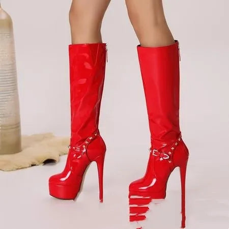 Red chunky heel high leg boots for women with back zipper and round toe