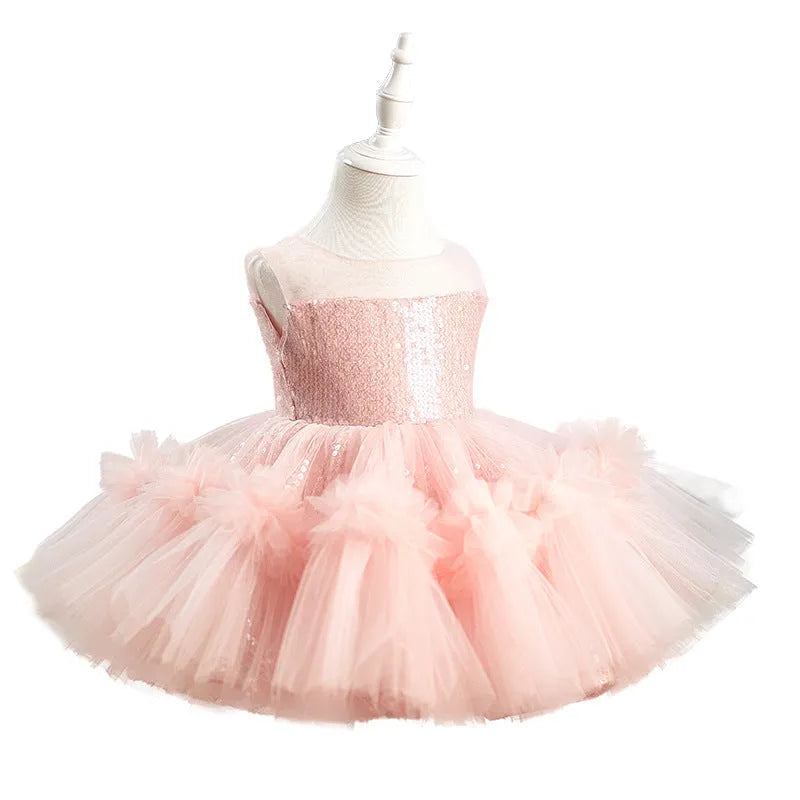 Children's sequined sleeveless girl princess dress in pink, polyester fibre, 80-160cm